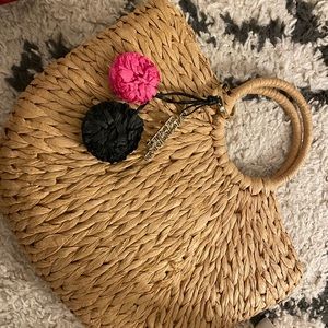 Stylish Tan Woven Tote Bag with Pink and Black Accents